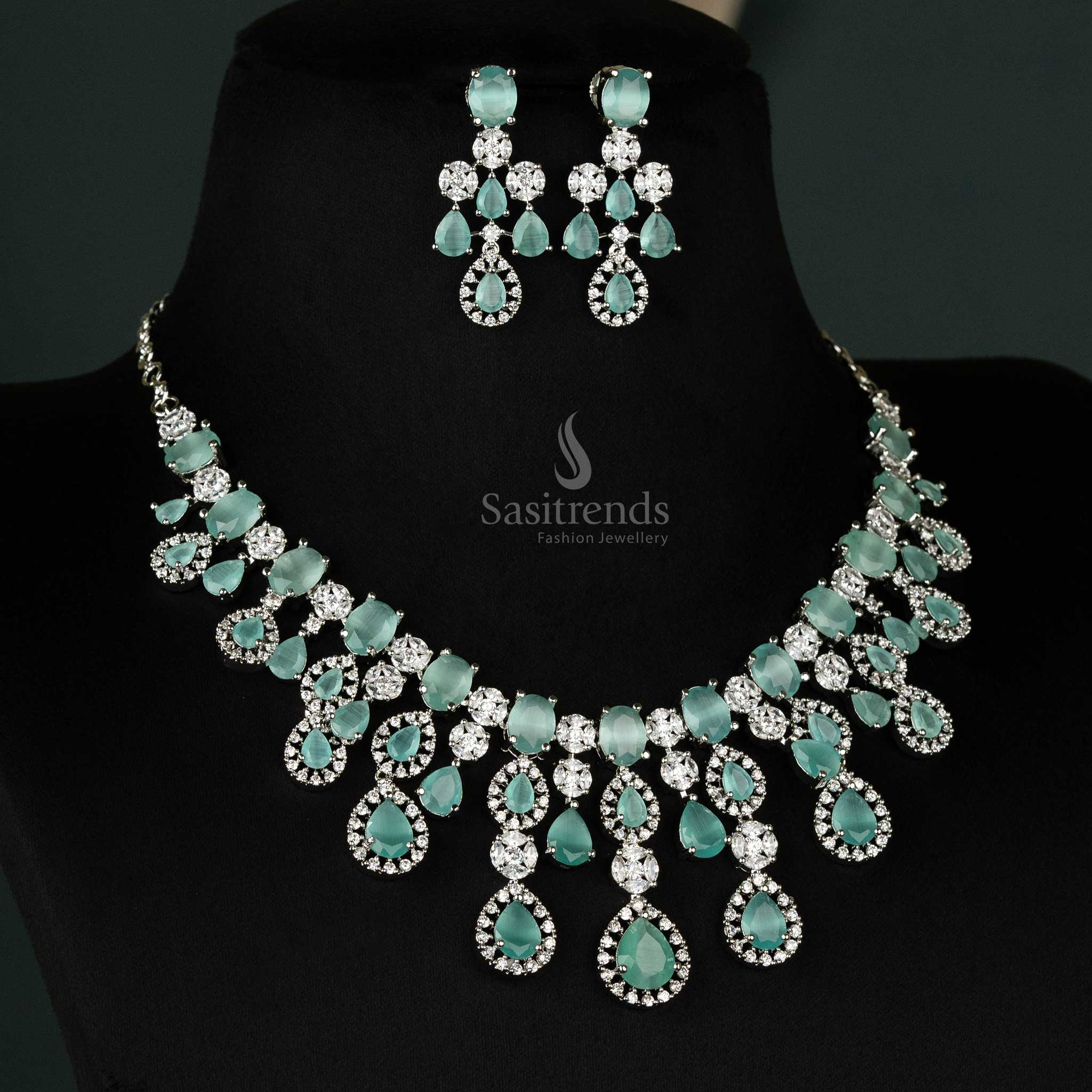 Gorgeous Rhodium Silver-Plated American Diamond Stone Choker Necklace Jewellery Set For Bridal Wear - Sasitrends - Image 3