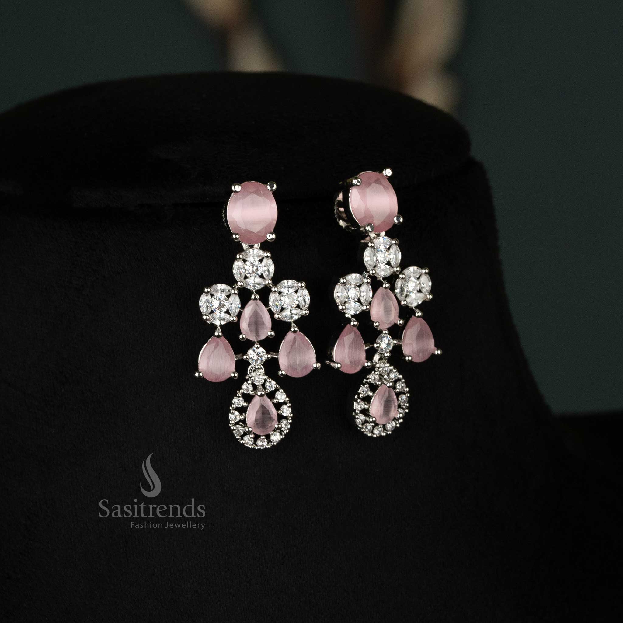 Gorgeous Rhodium Silver-Plated American Diamond Stone Choker Necklace Jewellery Set For Bridal Wear - Sasitrends - Image 4