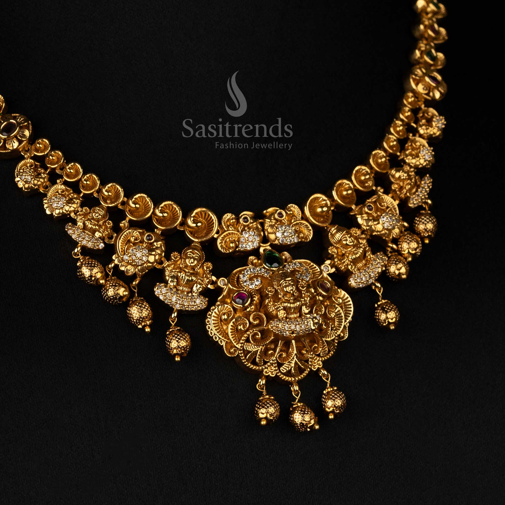 Beautiful Temple Matte Gold-Plated Necklace Jewellery Set with Lakshmi, Peacock Motifs & Beads For Festive Wear - Sasitrends - Image 3