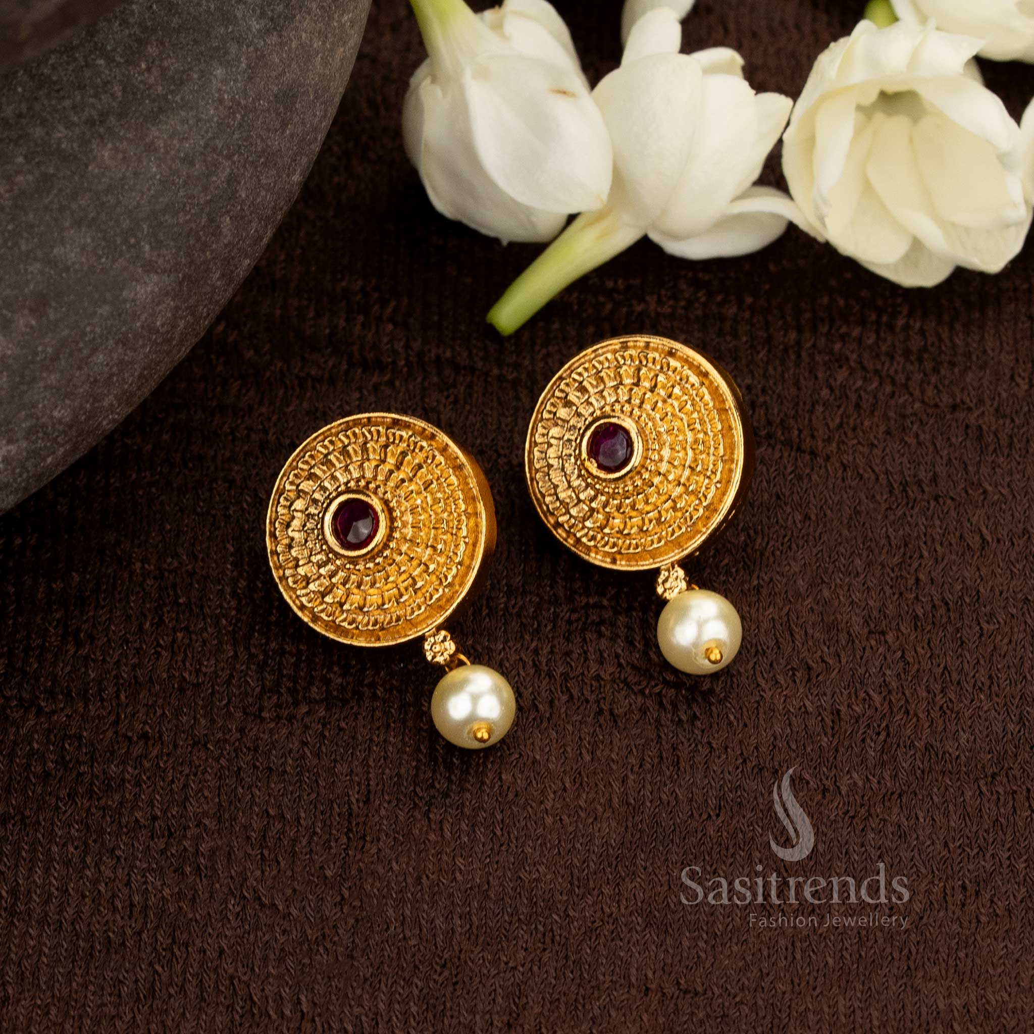 Elegant Round Matte Gold Plated Earrings with Stone Accent & Pearl Drop – Sasitrends - Image 2